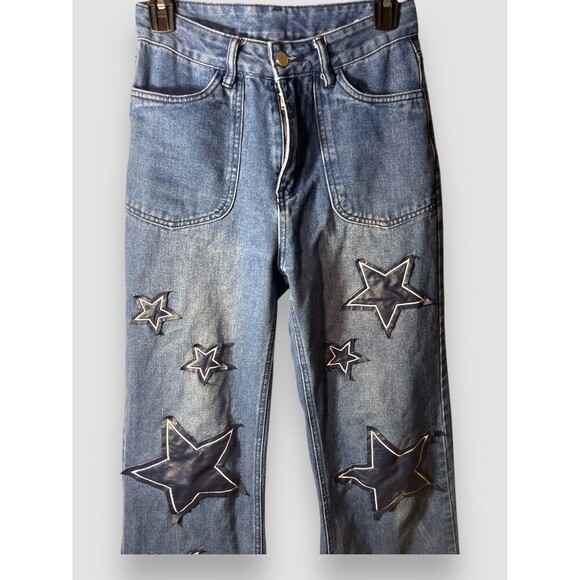 Women’s Denim Trendy High Waist Wide Leg Y2K Jeans Star Patch Pants Sz Small - Picture 4 of 7